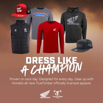 Official Honda TrueTimber and HRC apparel lineup displayed on promotional graphic with jackets, shirts, and hats – Dress Like a Champion.
